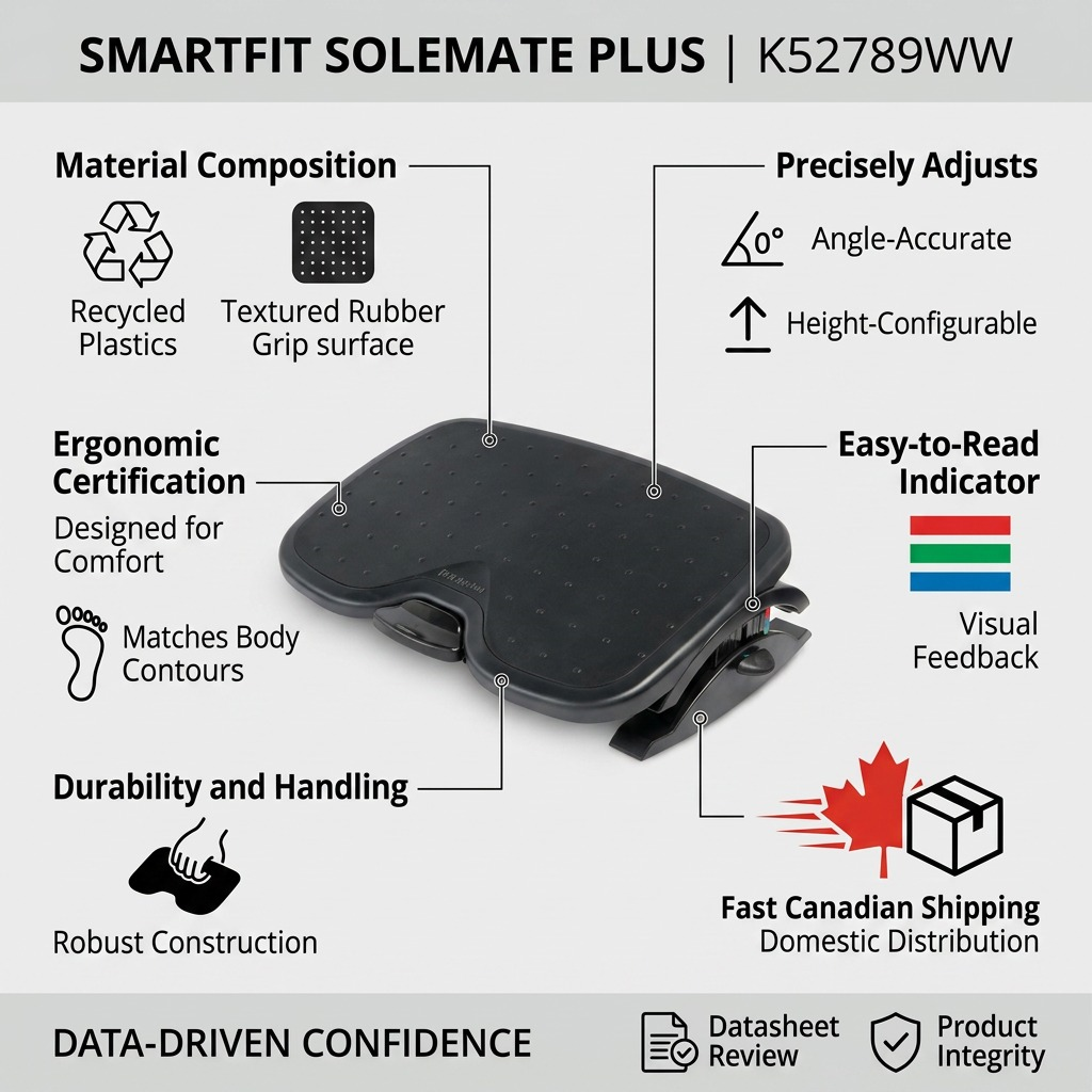 Kensington SmartFit Solemate Plus infographic showing recycled plastic build and height adjustment.