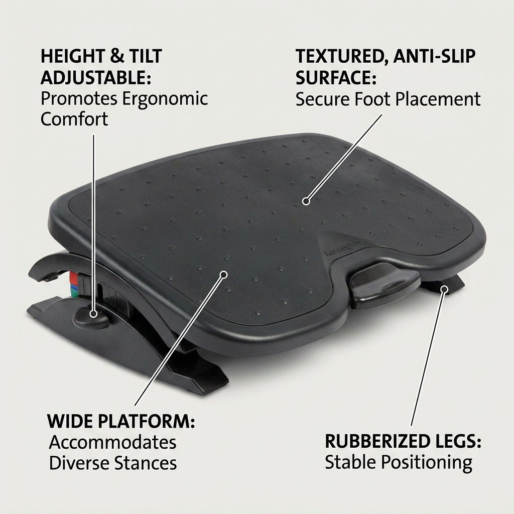 Kensington SmartFit Solemate Plus Foot Rest with callouts for adjustable tilt and anti-slip surface.