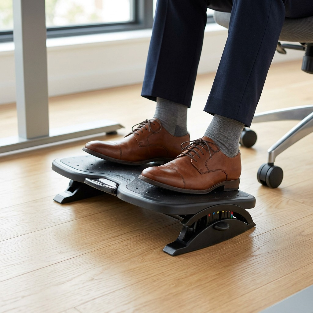 Person using the Kensington SmartFit Solemate Plus Foot Rest under a desk for ergonomic support.