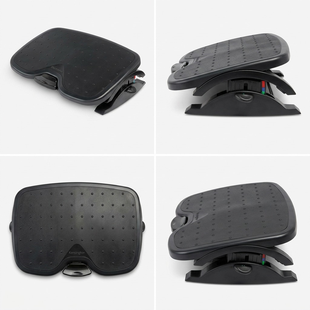 Four-panel view of the black Kensington SmartFit Solemate Plus Foot Rest from various angles.