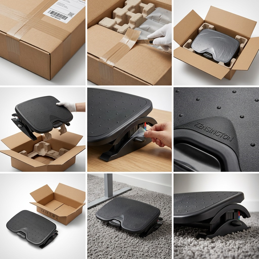 A 9-panel collage showing the unboxing of a Kensington SmartFit Solemate Plus foot rest from protective packaging.