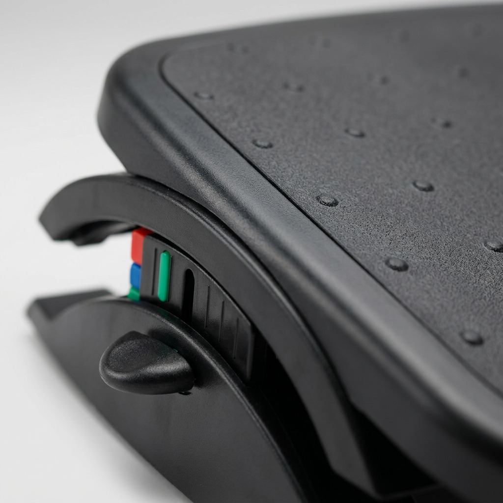 Macro detail of Kensington SmartFit Solemate Plus foot rest textured surface and color-coded height adjustment.