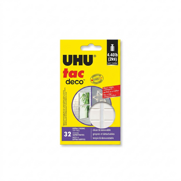 High-resolution hero shot of the STAEDTLER Mars UHU patafix deco pack (32 units) on white.