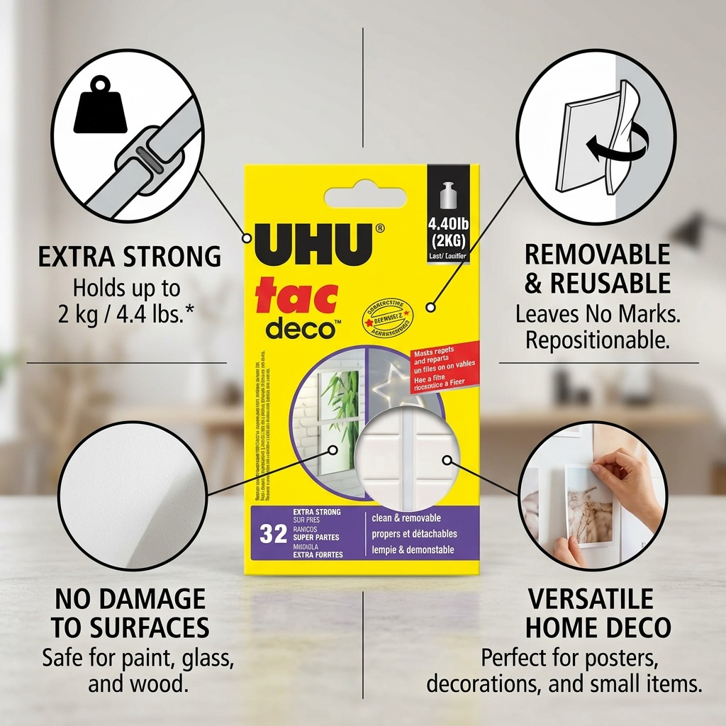 UHU Patafix Deco – Lot de 32 pastilles adhésives, réf. 9U-33090 — caractéristiques illustrées