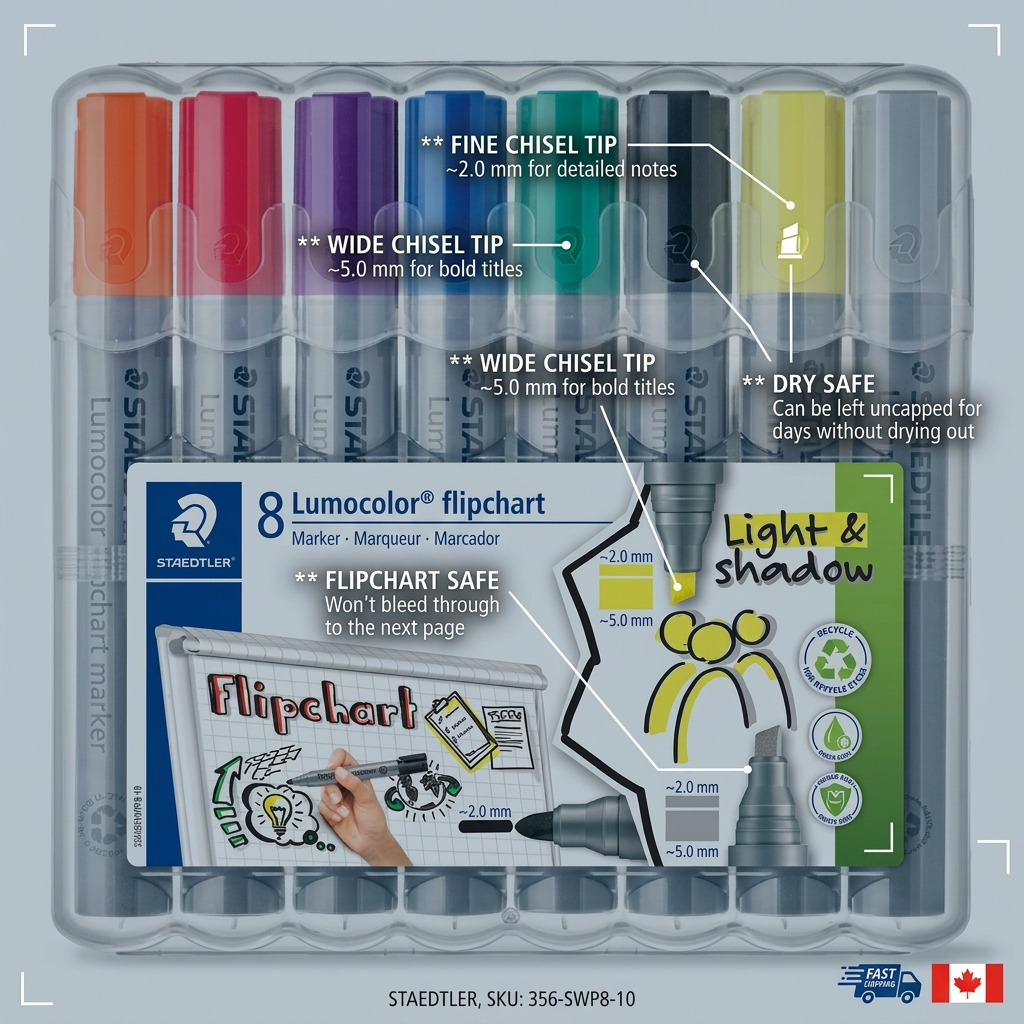 STAEDTLER Lumocolor – Lot de 8 marqueurs pour chevalet, référence 356-SWP8-10 — présentation des caractéristiques