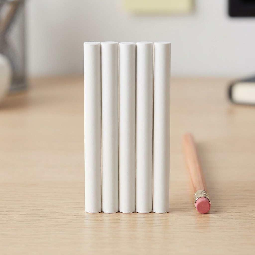 A centered, high-resolution hero shot of a five-pack of long, white cylindrical STAEDTLER eraser refills.