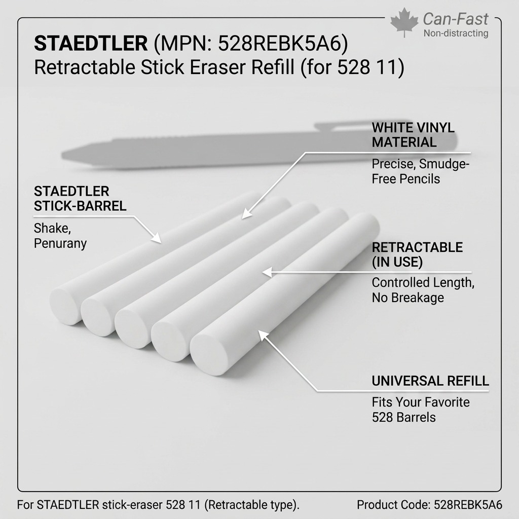 STAEDTLER – Lot de 5 recharges pour gomme rétractable 528 11, réf. 528REBK5A6 — caractéristiques illustrées