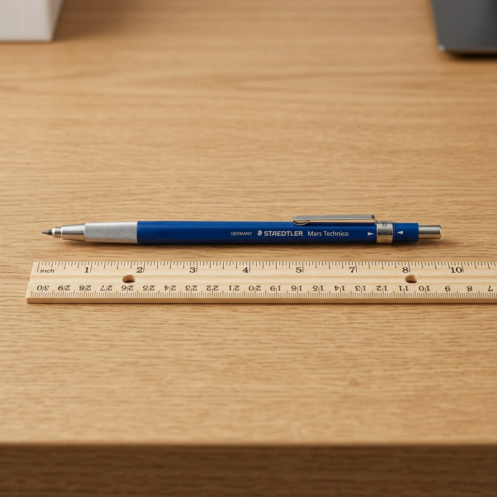 STAEDTLER Mars Technico 2mm clutch pencil with blue body, metal grip, and clip on white background.
