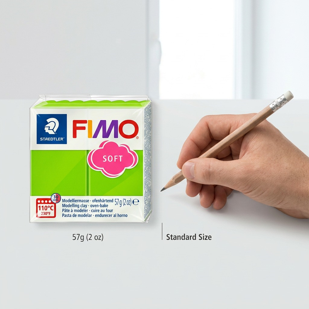 High-resolution hero shot of STAEDTLER Fimo Soft modelling clay, apple green, in clear packaging on a white background.