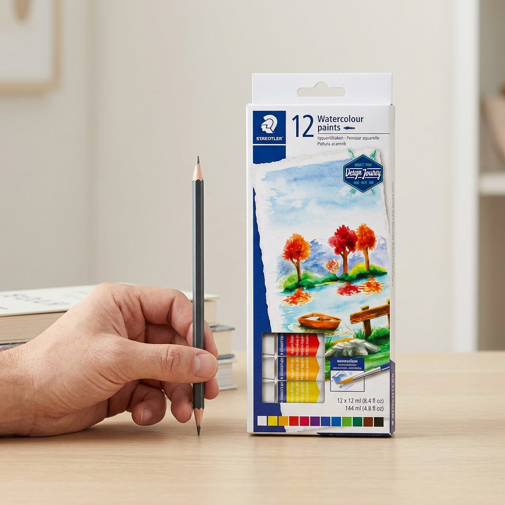 High-resolution pure white ecommerce hero shot of STAEDTLER Watercolor Paint set of 12 tubes.
