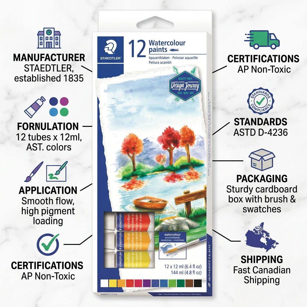 STAEDTLER – Lot de 12 peintures aquarelle tubes 12 ml, réf. 8880-C12-02 — caractéristiques illustrées