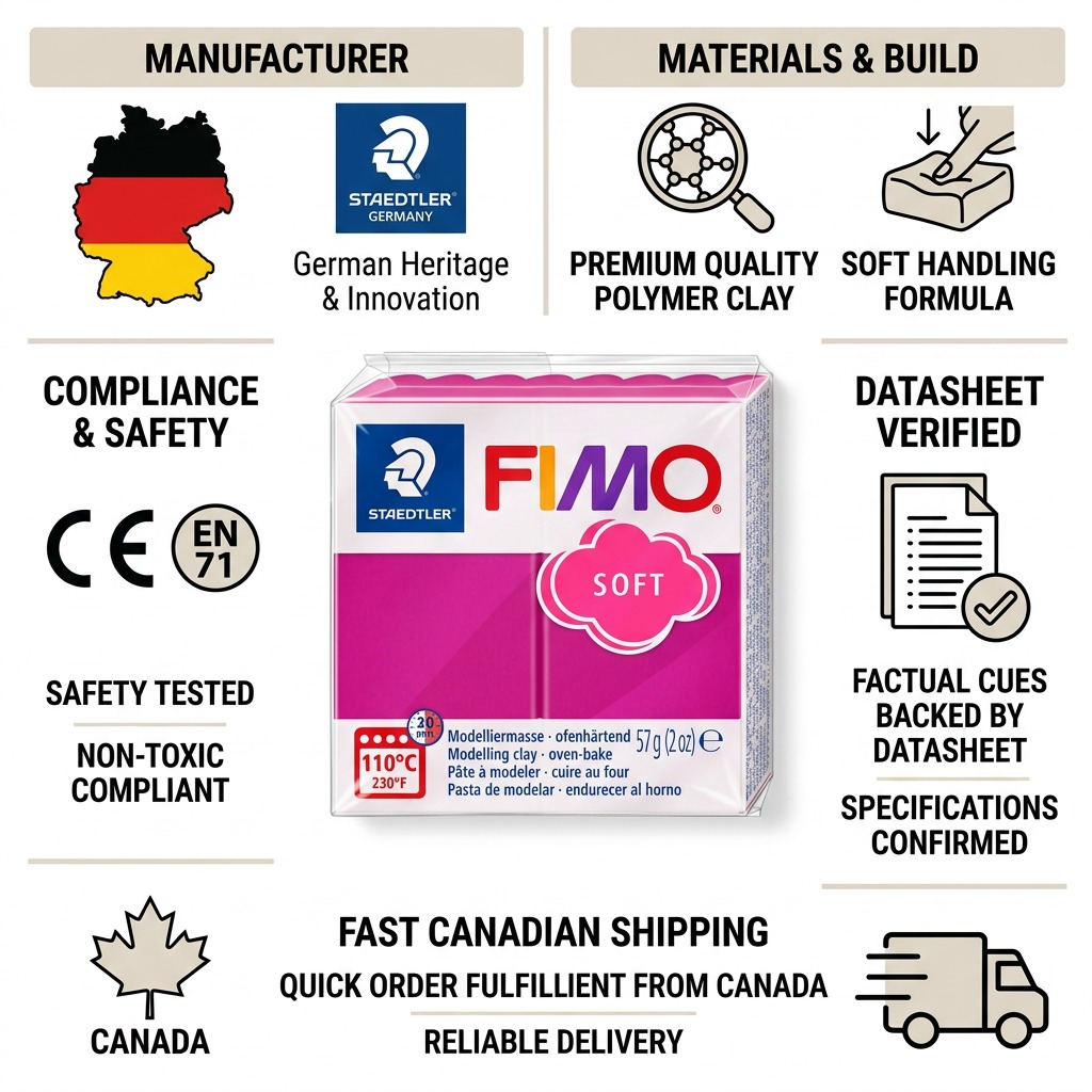 FIMO Soft – Pâte framboise 57 g, réf. 8020-22 — caractéristiques illustrées