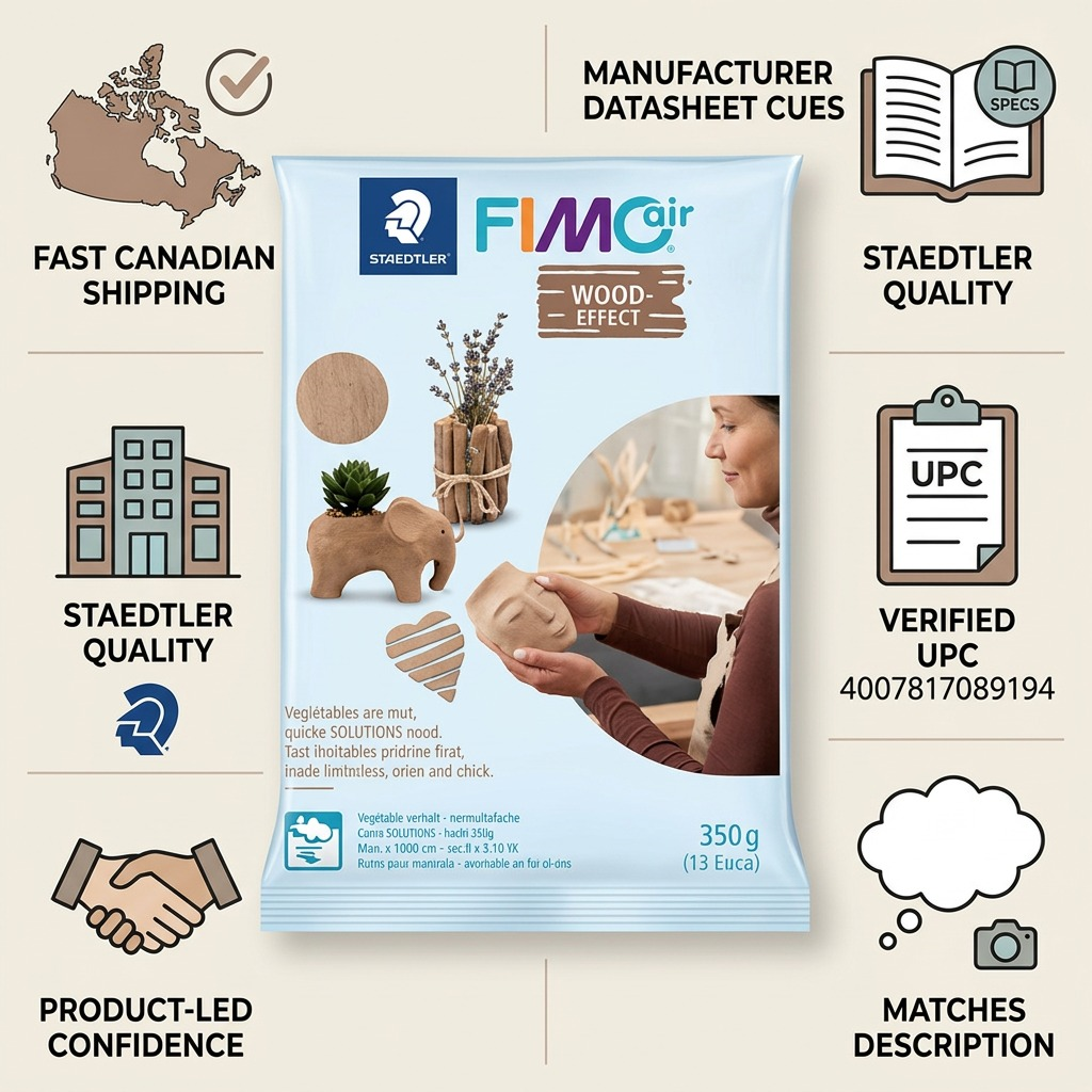 FIMOair – Pâte effet bois 350 g, réf. 8150-W7 — caractéristiques illustrées