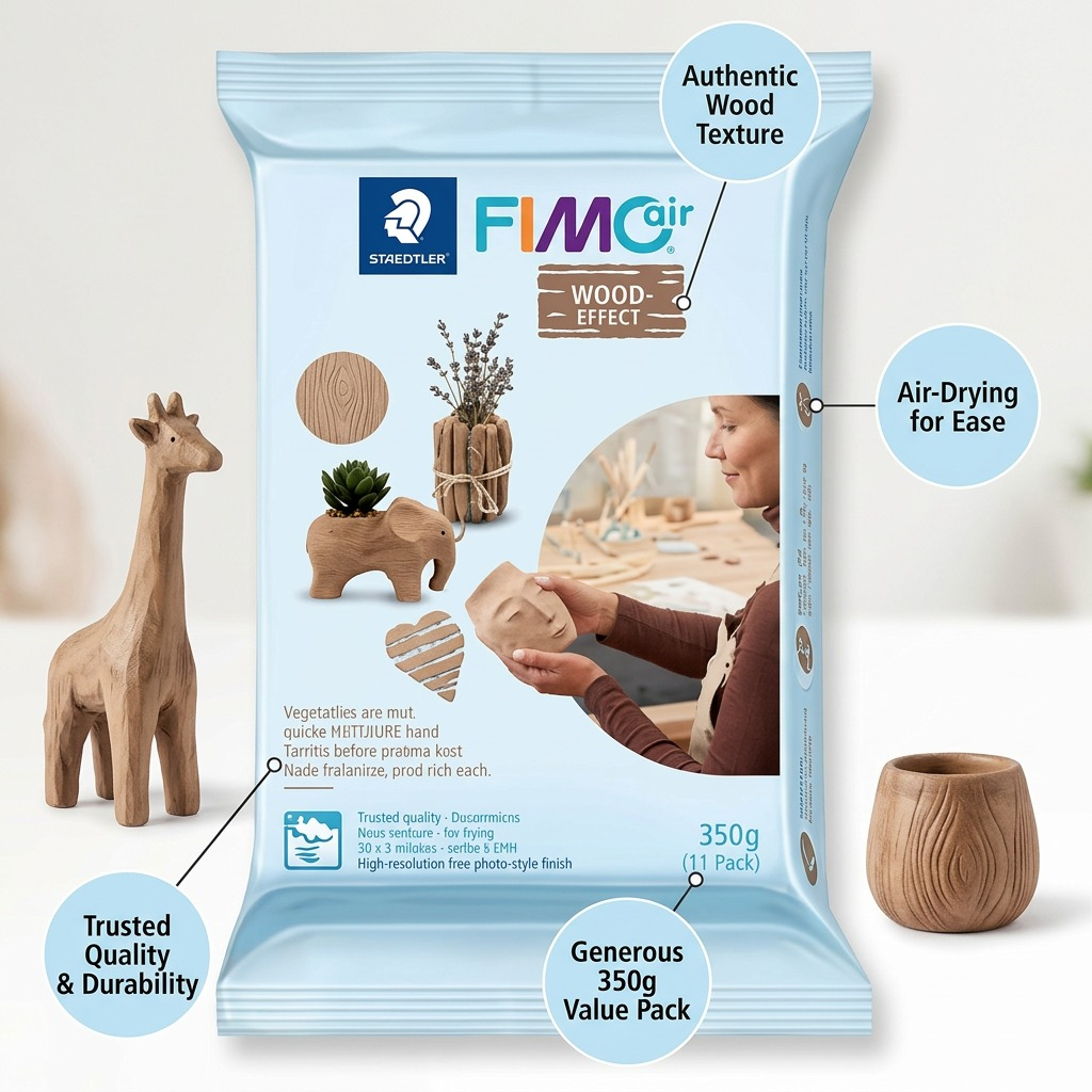 FIMOair – Pâte effet bois 350 g, réf. 8150-W7 — caractéristiques illustrées