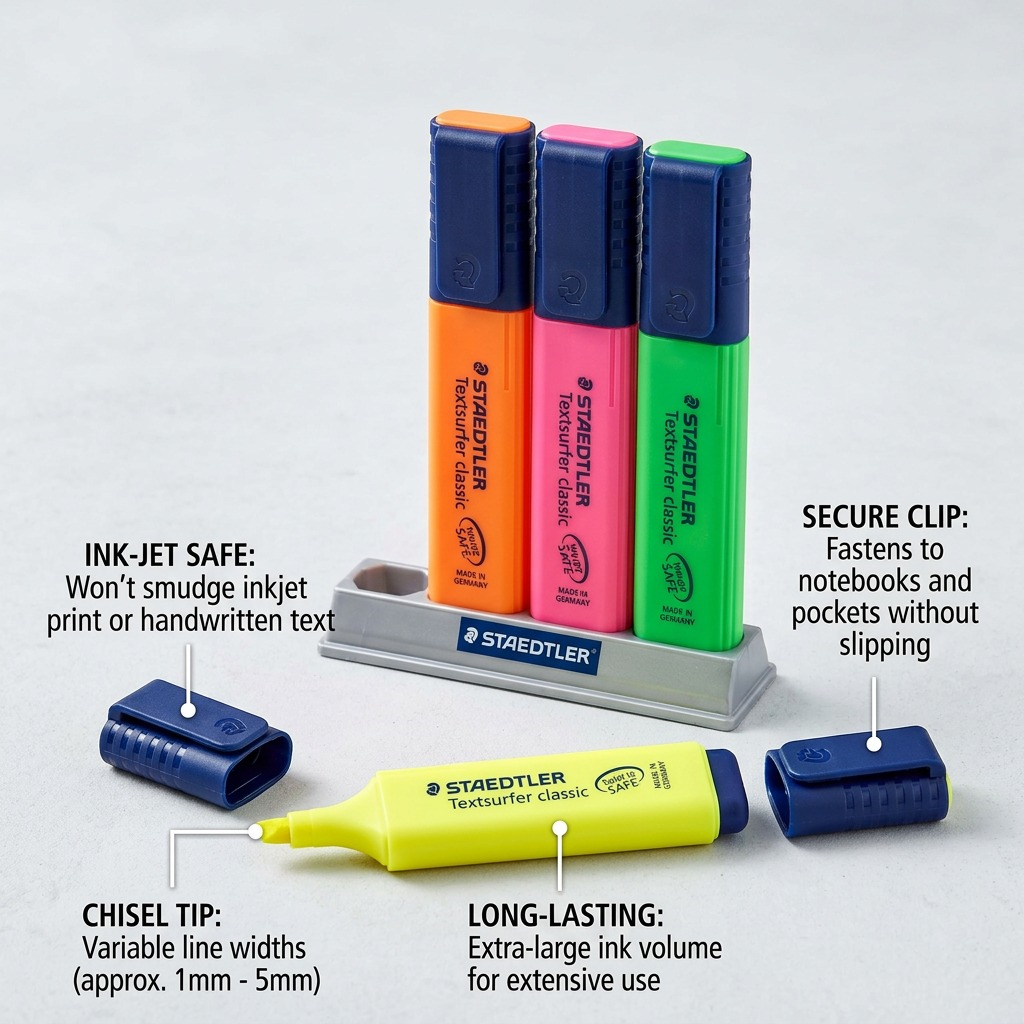 STAEDTLER Textsurfer classic – Lot de 4 surligneurs assortis, référence 364-SC4 — présentation des caractéristiques