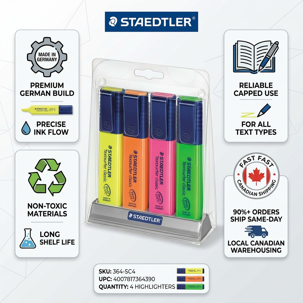 STAEDTLER Textsurfer classic – Lot de 4 surligneurs assortis, référence 364-SC4 — présentation des caractéristiques