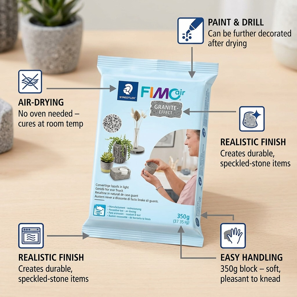 FIMOair – Pâte effet granit 350 g, réf. 8150-G8 — caractéristiques illustrées