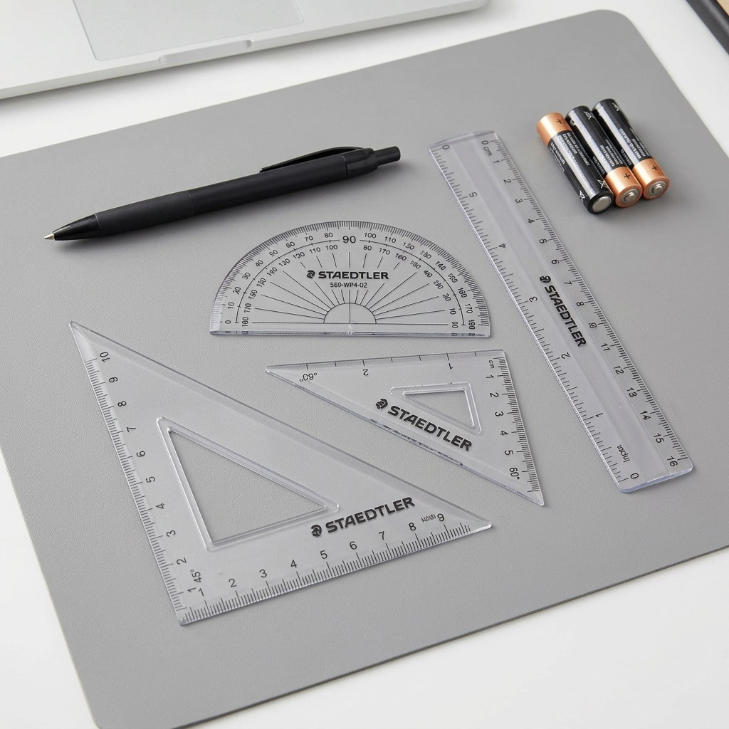 A high-resolution, pure white background product image of the STAEDTLER multi-piece math set.