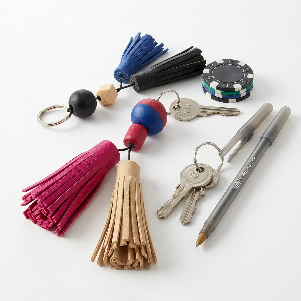 A pure high-resolution hero shot on a white background of a single STAEDTLER FIMO Leather Effect Keychain Tassel Kit.