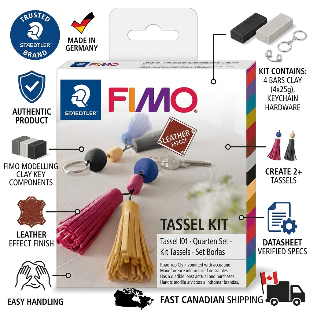 FIMO Leather Effect – Ensemble pour porte-clés à pompon, réf. 8015-DIY2 — caractéristiques illustrées