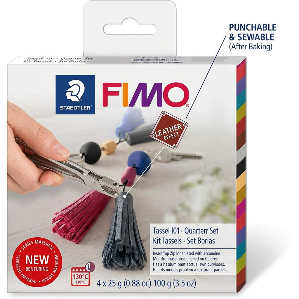 FIMO Leather Effect – Ensemble pour porte-clés à pompon, réf. 8015-DIY2 — caractéristiques illustrées