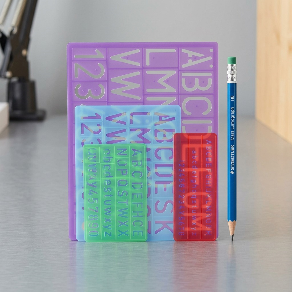 A direct product shot of the set of four multi-colored STAEDTLER lettering guides on a white background.