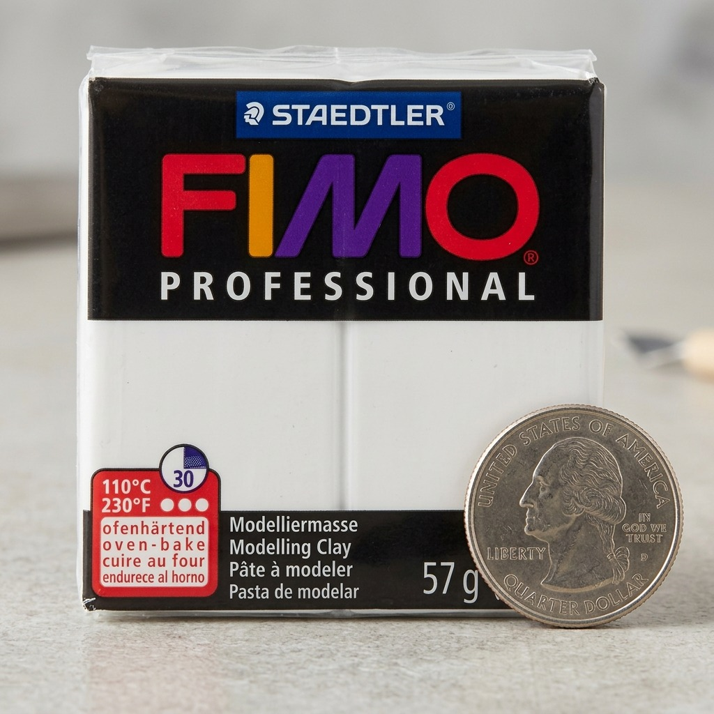 A high-resolution, centered view of the STAEDTLER Fimo Professional 57g White modeling clay block in its transparent packaging with black, red, and blue branding details on a pure white background.