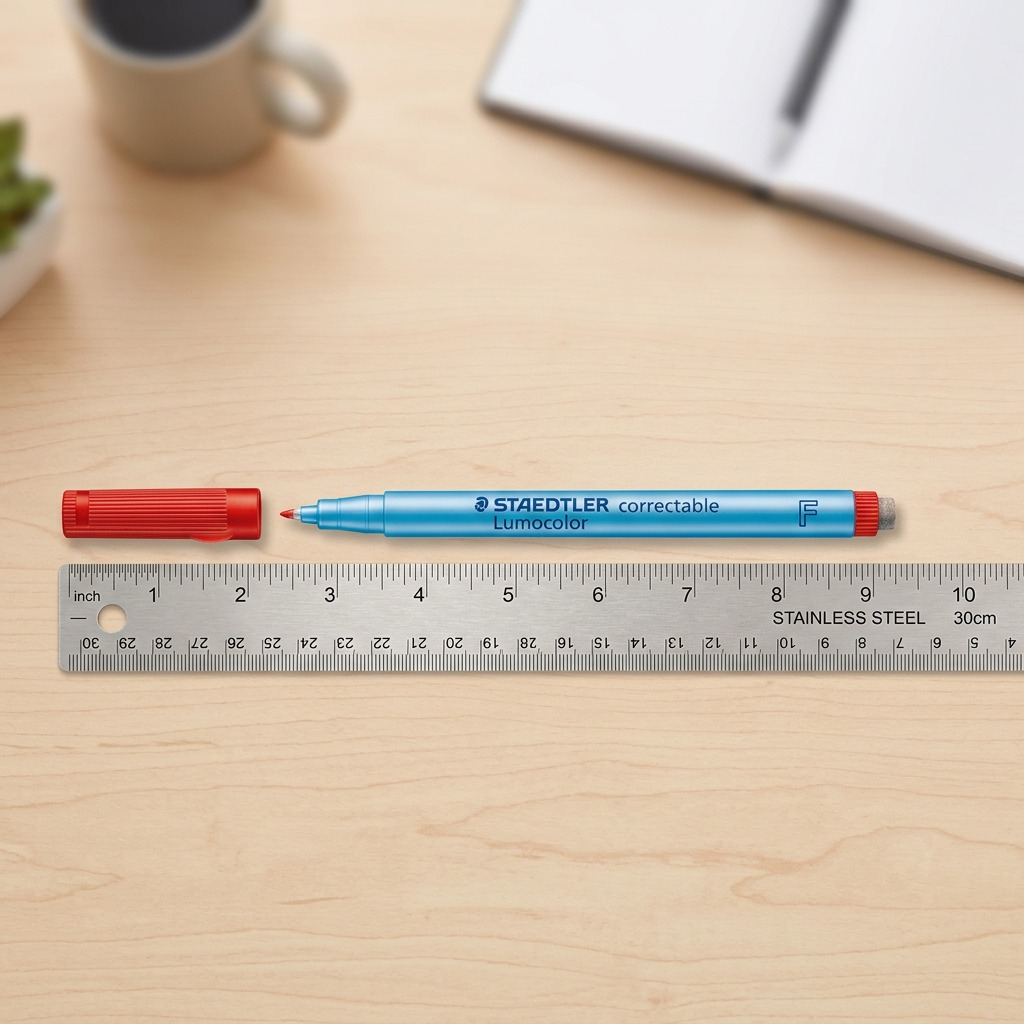 High-resolution hero shot of the STAEDTLER Lumocolor 305-F-2-03 correctable marker, open and angled with the red cap below.
