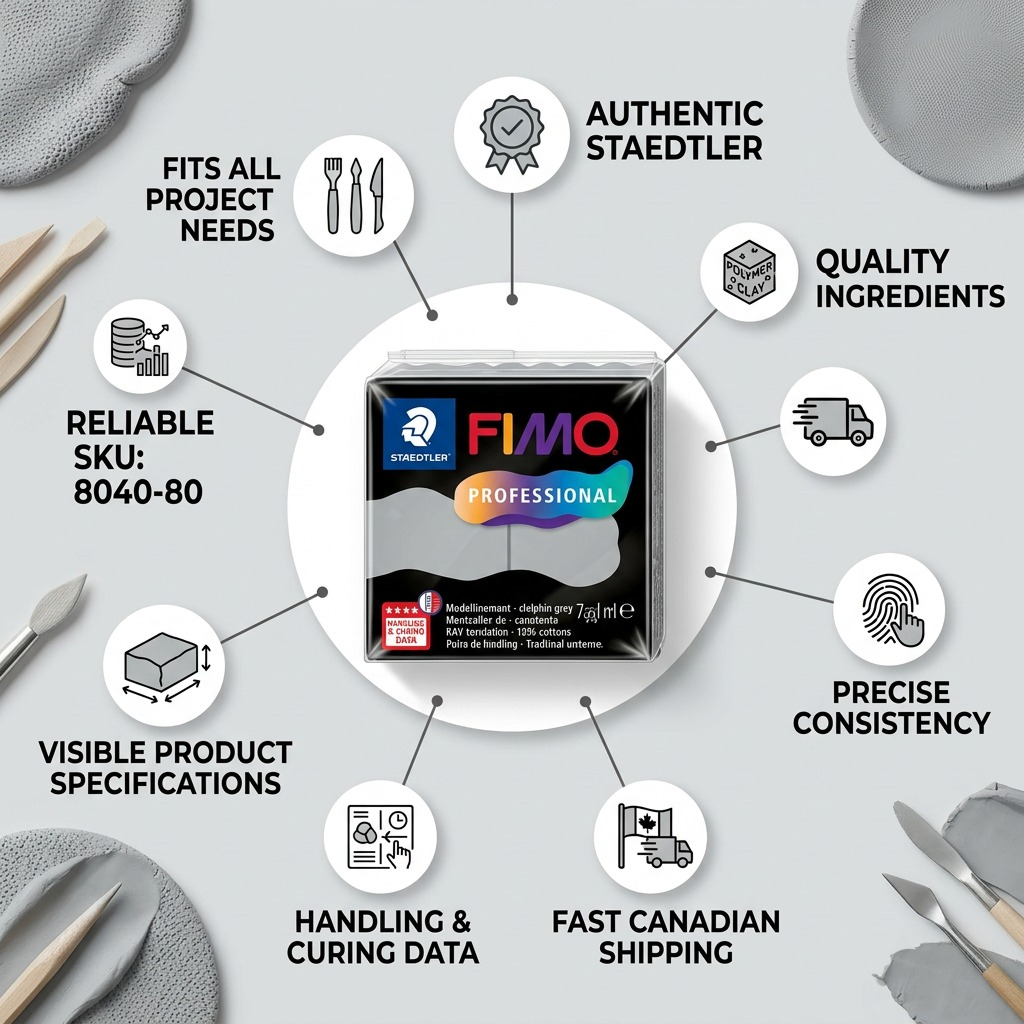 FIMO Professional – Pâte gris dauphin 57 g, réf. 8040-80 — caractéristiques illustrées