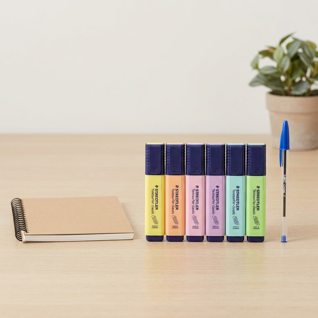 A high-resolution, centered flat lay of a STAEDTLER Textsurfer classic Pastel 6-piece highlighter wallet set.