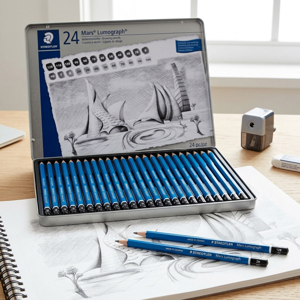 A high-resolution ecommerce hero shot of the 24 specific STAEDTLER Mars Lumograph pencils, pre-sharpened and fanned out.