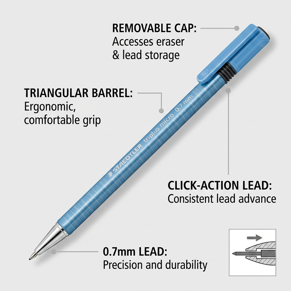 STAEDTLER triplus – Porte-mine 0,7 mm bleu, réf. 77427-30A6 — caractéristiques illustrées
