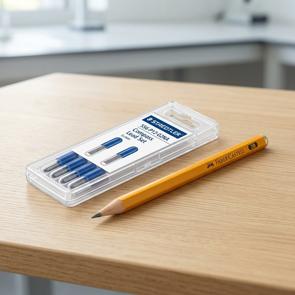 A high-resolution, centered view of the STAEDTLER HB compass lead storage container and three lead refill tubes.