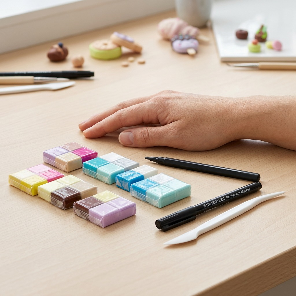A high-resolution photo-realistic product shot of a physical Fimo modelling clay set with 12 small rectangular blocks grouped by color in 3 vertical rows of 4 next to a slim black permanent marker and a grey plastic modelling tool set, all arranged neatly on a pure white background with realistic lighting and clear distinction between all components.