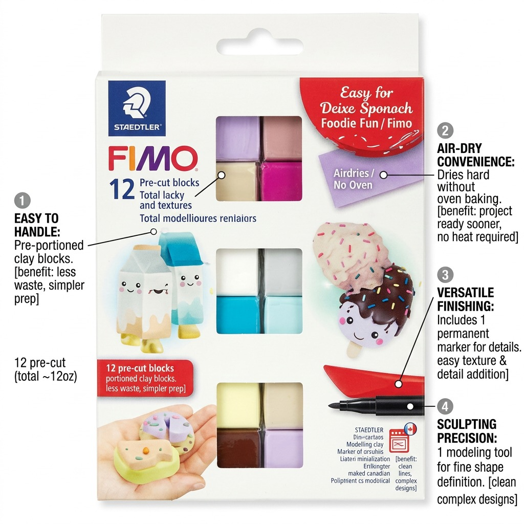 FIMO Soft Foodie Fun (Plaisirs gourmands) – Coffret 12 couleurs avec marqueur et outil de modelage, réf. 8023-C14-F — caractéristiques illustrées