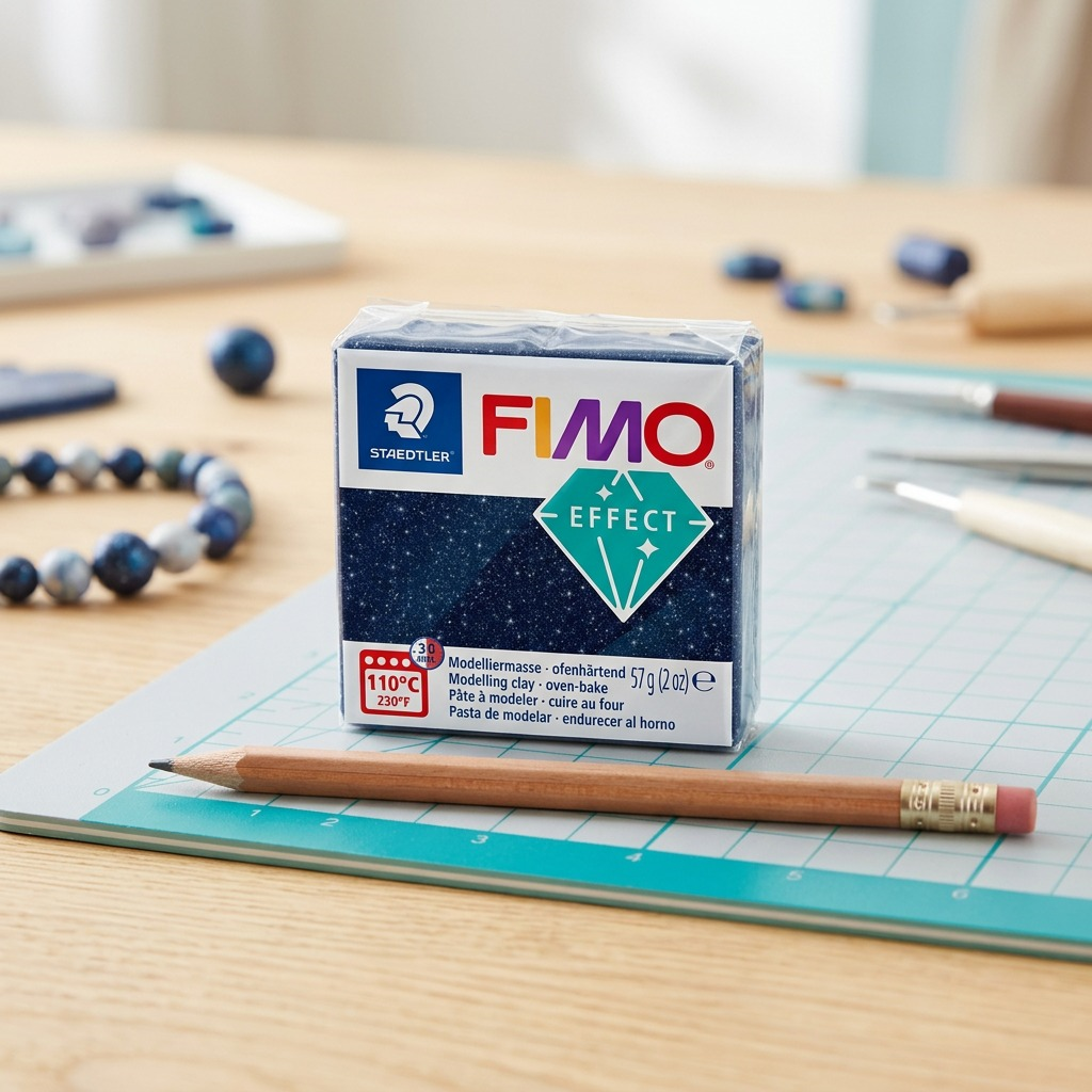 Pure high-resolution hero shot: a single block of glittery dark blue STAEDTLER FIMO Effect clay 57g on a pure white background.