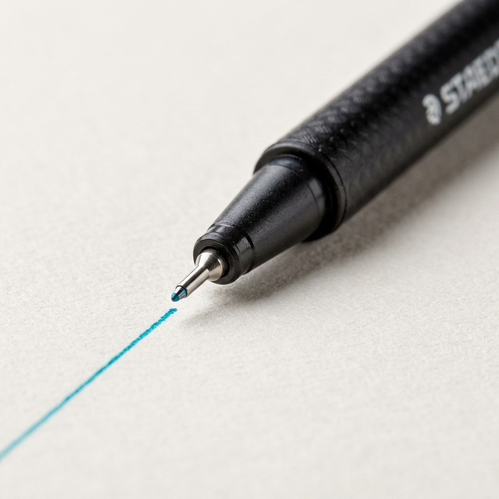 Macro close-up of STAEDTLER Fineliner triplus 0.3mm nib creating a cyan line.