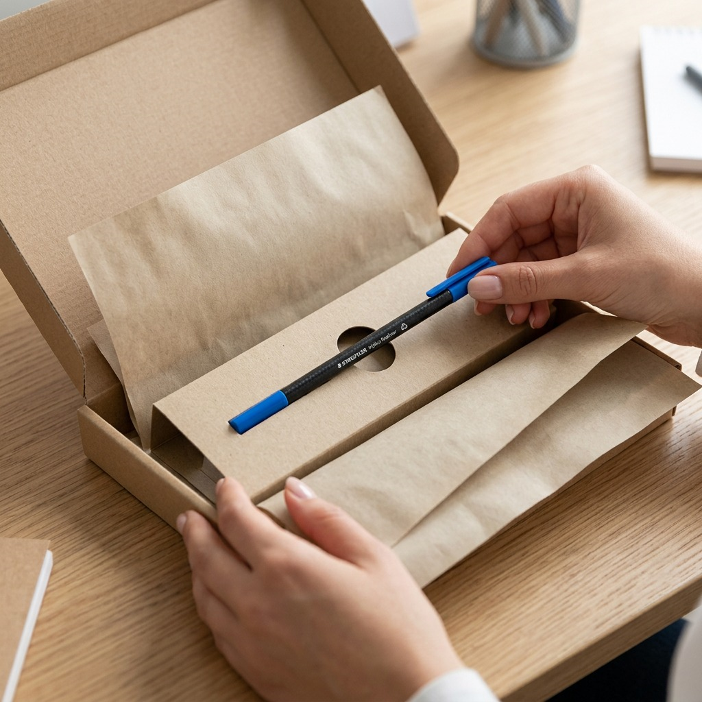 Premium unboxing: STAEDTLER Triplus 334-37 fineliner in secure protective mailer, reduction in shipping anxiety.