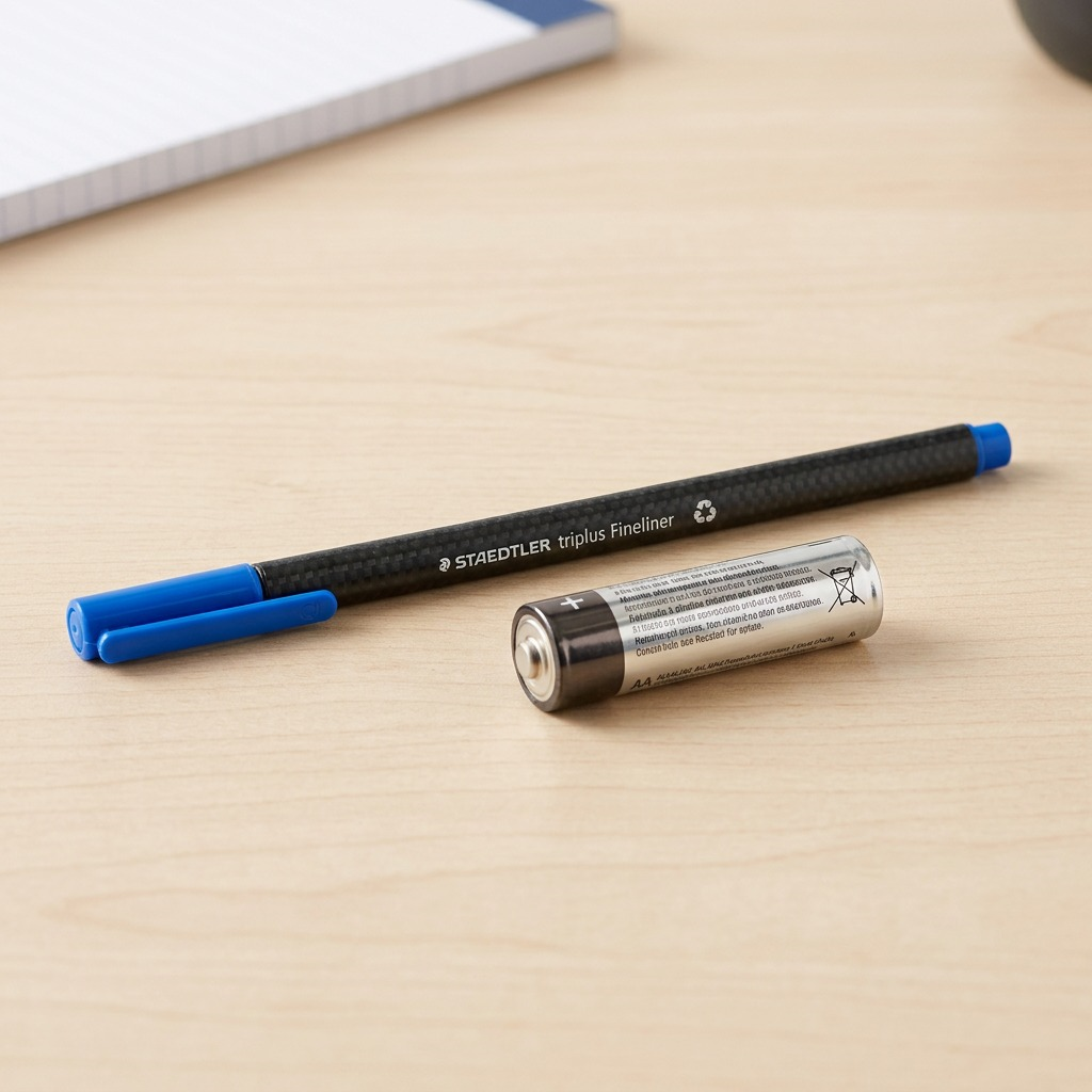 A product size visualization showing the STAEDTLER triplus Fineliner placed horizontally alongside a standard AA battery on a light gray surface, providing an immediate reference for scale. Both items are sharply in focus.