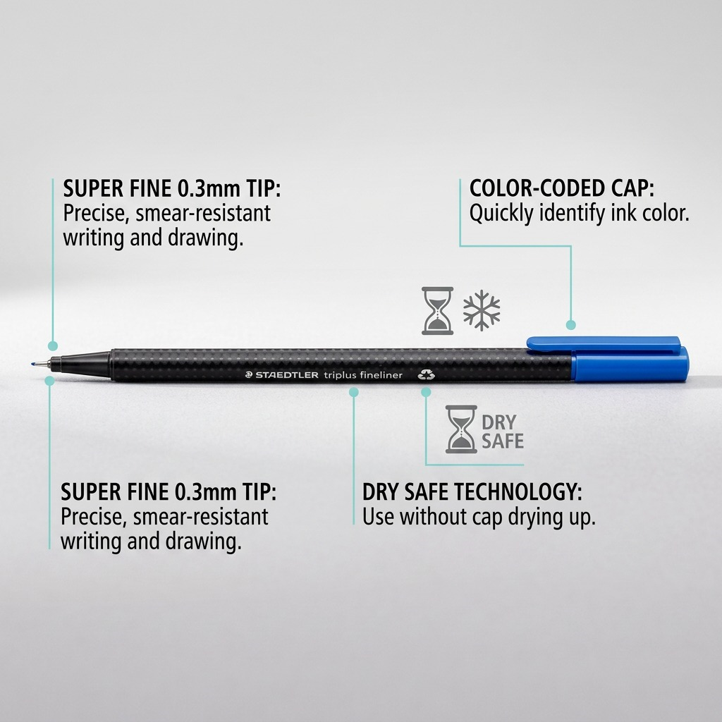 Ecommerce product detail image for the STAEDTLER triplus fineliner 334-37-A7 cyan, with concise capability callouts for its super fine 0.3mm tip, dry safe technology, and color-coded cap.