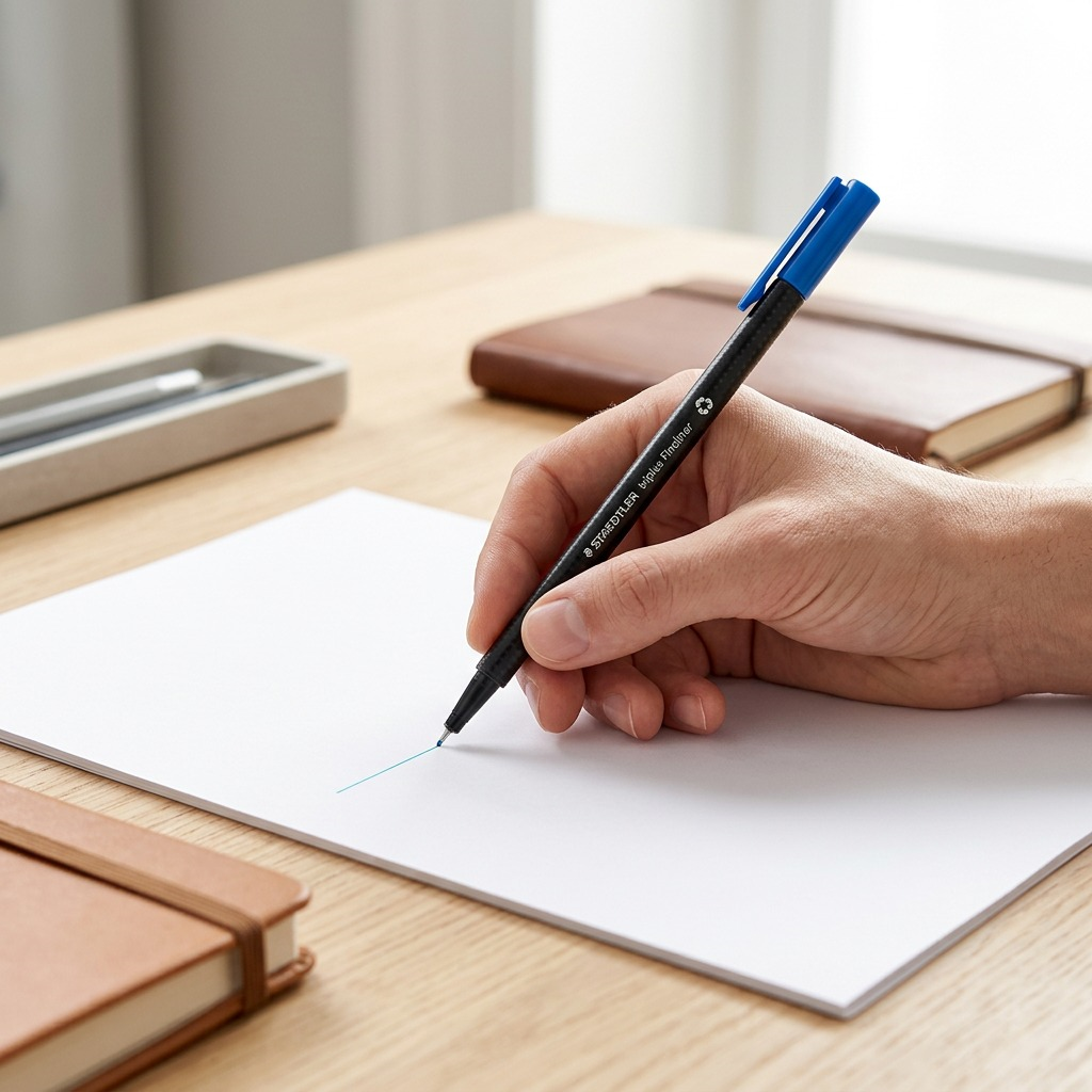 A close-up of a Staedtler triplus 0.3mm cyan fineliner, as shown in image_0.png, held by a hand writing precise lines on a clean white page.