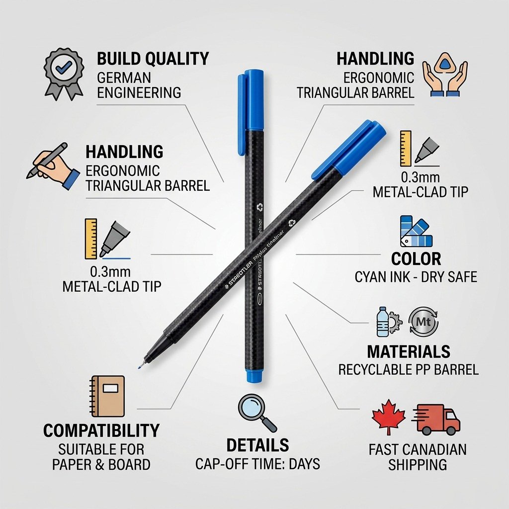 Infographic for STAEDTLER Fineliner triplus 0.3mm cyan with factual cues and icons.