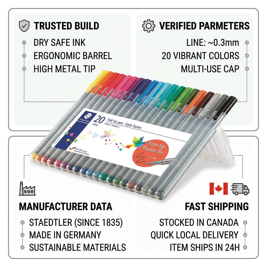 STAEDTLER triplus fineliner – Lot de 20 fineliners 0,3 mm, réf. 334-SB20A610 — caractéristiques illustrées