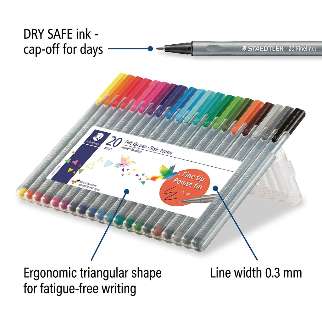 STAEDTLER triplus fineliner – Lot de 20 fineliners 0,3 mm, réf. 334-SB20A610 — caractéristiques illustrées