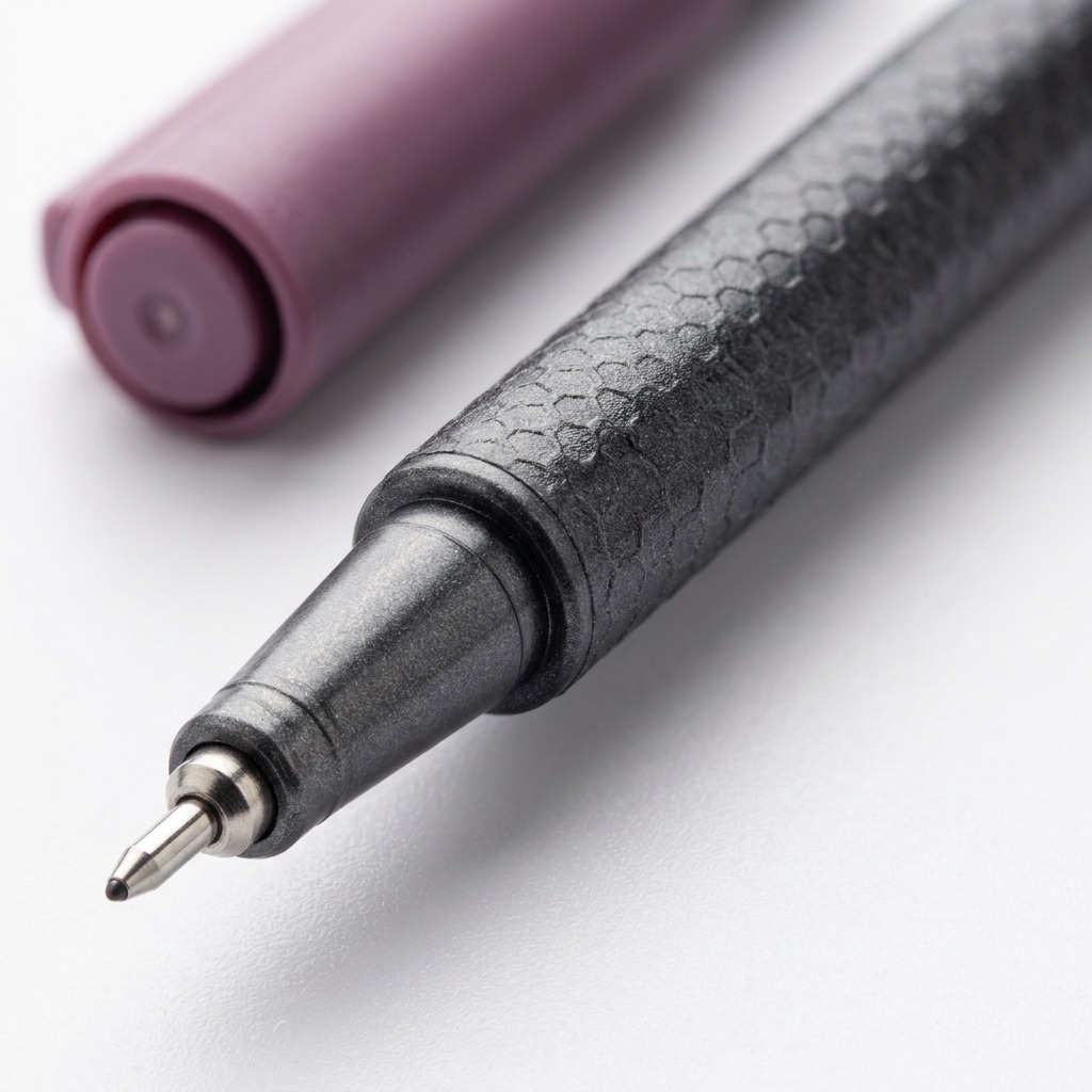 Extreme macro view of the STAEDTLER triplus 0.3mm mauve fineliner tip, metal cladding, and textured dark barrel.