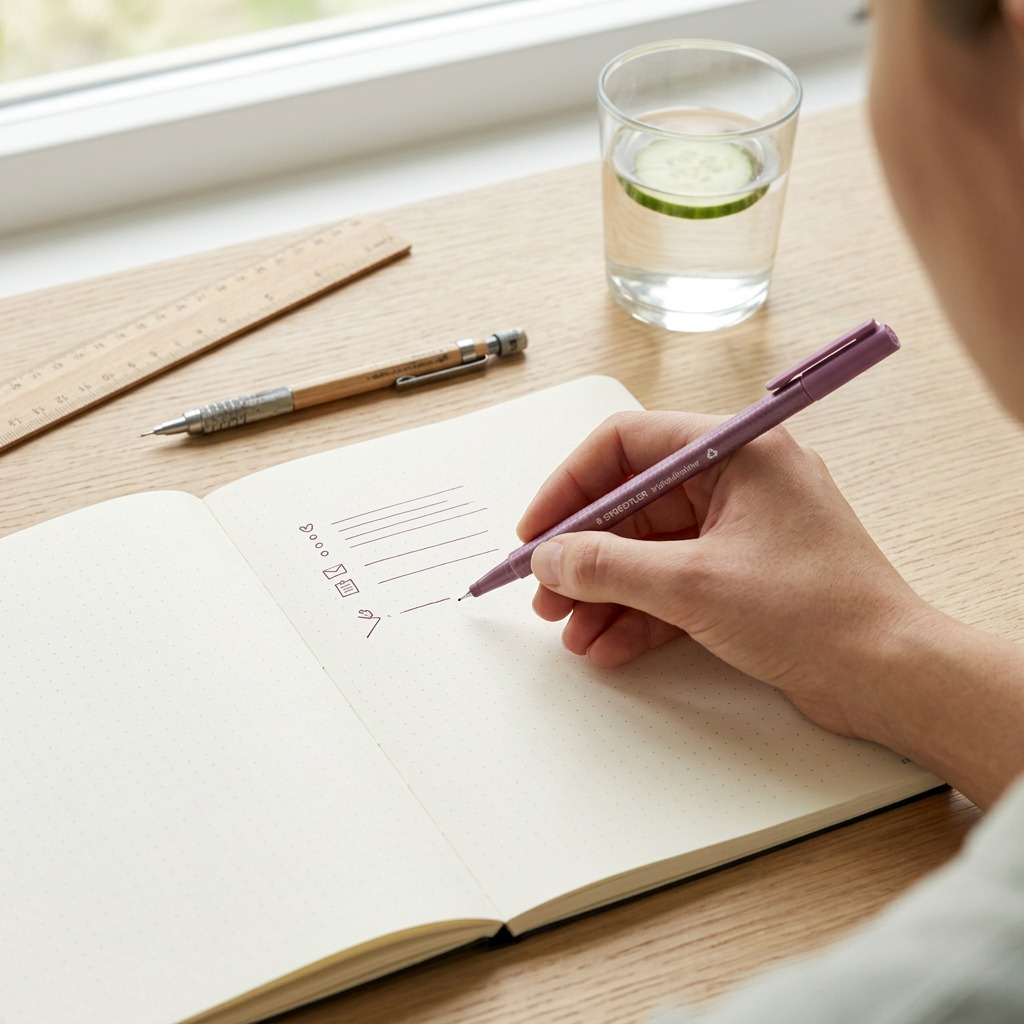 A lifestyle photo of a mauve STAEDTLER triplus Fineliner on a wooden desk with a notebook.