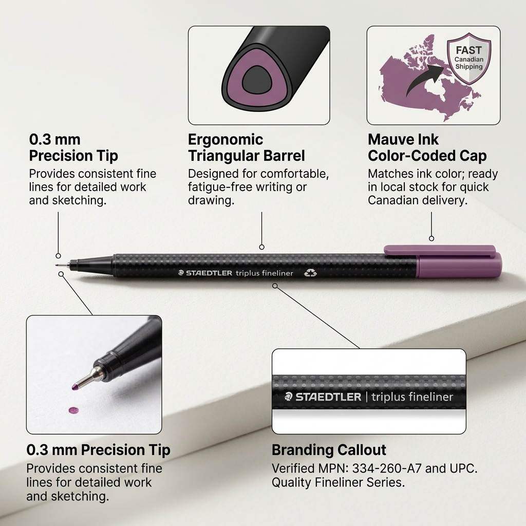 An ecommerce graphic matrix of the provided STAEDTLER Fineliner triplus, highlighting features with short text.