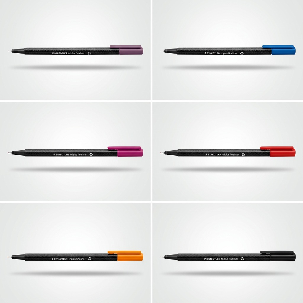A high-resolution grid photograph displaying six STAEDTLER triplus fineliner pens in different ink colors.