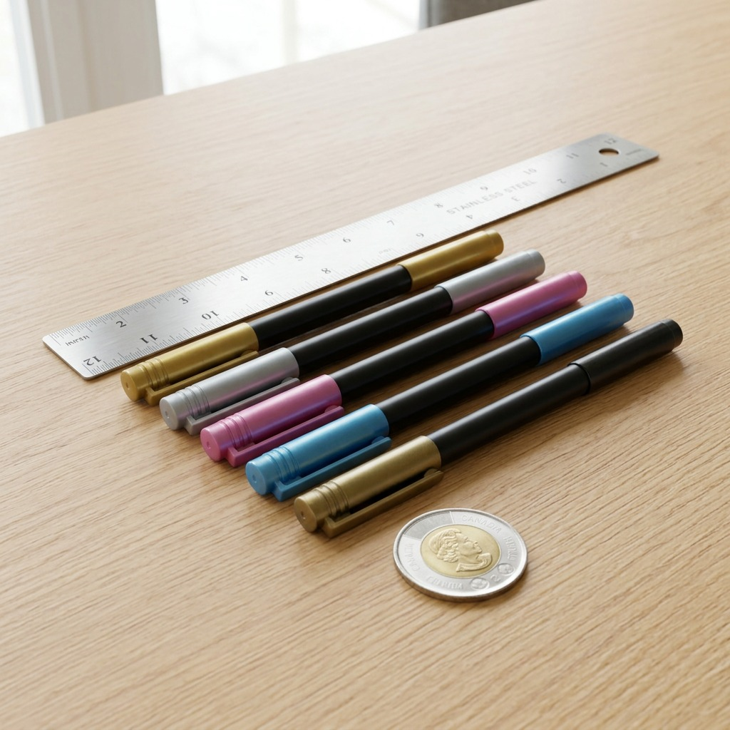 A clear hero shot of five metallic calligraphy markers on a white background.