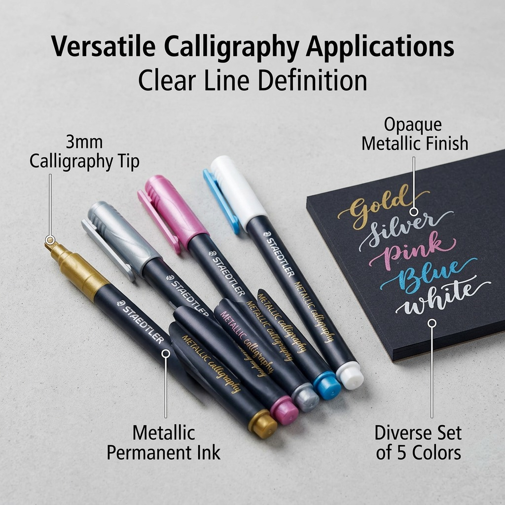 STAEDTLER – Lot de 5 marqueurs métal pour calligraphie, réf. 8325TB5A6 — caractéristiques illustrées